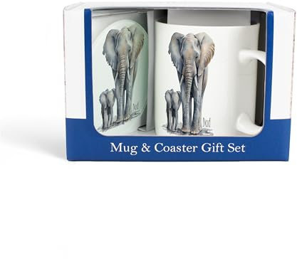 Purely Home Elephant Mug & Coaster Gift Set - Dad & Baby Bone China Mug and Glass Coaster Set - Tea/Coffee Present for Dad