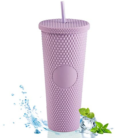 LZLUCKCOME Nieten Becher mit Deckel und Strohhalm, 710ml Doppelwandiger Kaltbecher aus Kunststoff Trinkbecher, Wiederverwendbar, für Kaffee, Milch, Tee, Wasser, Saft (Helllila)