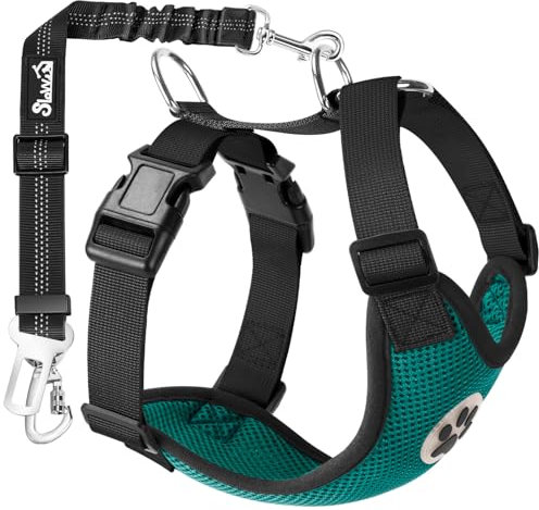 Eyein Hundegeschirr mit Sicherheitsgurt für Auto, 2 Karabinerhaken - verbunden mit Sicherheitsgurt-Schnalle, Kinder-Sicherheitssitz oder Trunk, verstellbare atmungsaktiv Geschirr (Grün, M)