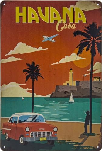 Historisches Retro Vintage Blechschild mit Souvenir Reisemotiv, Ferien, Abenteuer, Urlaub Deko Schild, 30 x 20 cm (Havanna, Kuba)