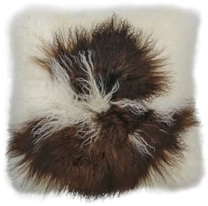 Lammfellkissen Tibet Braun/Weiß mit Innenkissen aus echten Daunen lockig, kuschelig und weich 40 x 40 cm