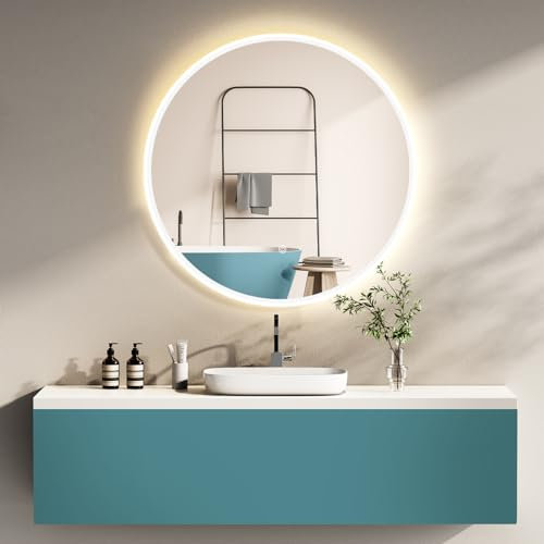 HOKO Design Badspiegel rund 60 cm Malaga mit Metall Rahmen Weiß. Runder Bad Wandspiegel LED beleuchtet + Touch Schalter + LED Licht Wechsel-Warmweiß-Kaltweiß-Neutral