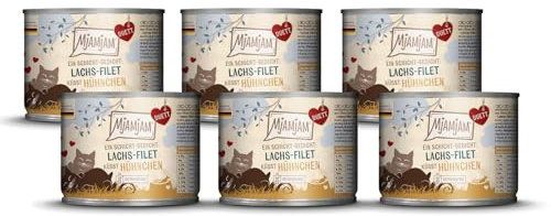 MjAMjAM - Premium Nassfutter für Katzen - Duett - Lachs-Filet küsst Hühnchen, 6er Pack (6x190g), getreidefrei