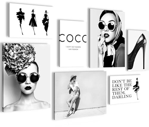 Novart Wandbilder Coco Fashion - KOMPLETT AUFHÄNGFERTIG - Schwarz Weiss Wohnzimmer Mädchen Teenager - 7 Moderne Mood-Bilder - N028771a