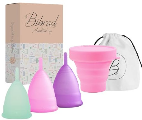 Bibrad Coppetta Mestruale - 3 Coppette Mestruali Taglia S,M e L, 1 Sterilizzatore, 1 Borsa da Trasporto - 100% Morbida Silicone di Grado Medico Lavabile e Riutilizzabile (S-M-L)
