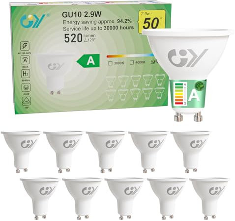 GY 2.9W Bombilla LED GU10 Clase A, 520LM (Eq. 50W) 6500K Blanco Frío, No Regulable, No Parpadean, 110 Grados Ángulo de haz, Bombillas GU10 LED Bajo Consumo, 10 Pieza