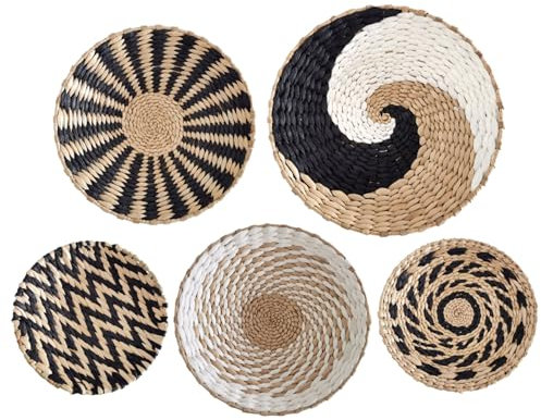 Muzrunq Wandkorb Dekor 5pcs Hängende Rattan gewebte Körbe 7.9, 9,8, 11,8 Zoll rustikal Nachttisch-Hintergrund, Wanddekoration, Dekoration im marokkanischen Stil, Wanddekoration