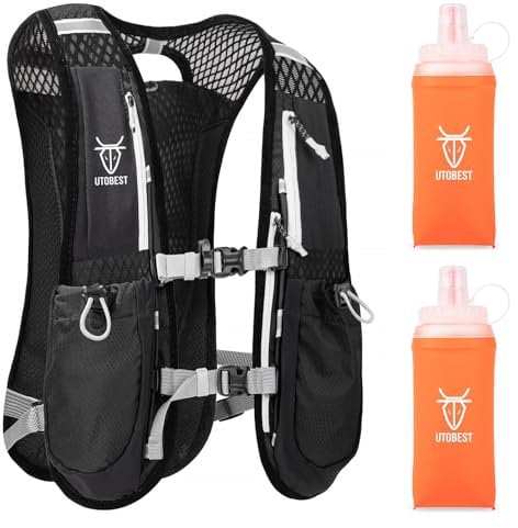 UTOBEST Trinkrucksack 5L, Laufweste, Herren Damen Ultraleicht Laufrucksack für Laufen, Marathon, Jogging, Radfahren (Schwarz, mit 2*350ml Flaschen)