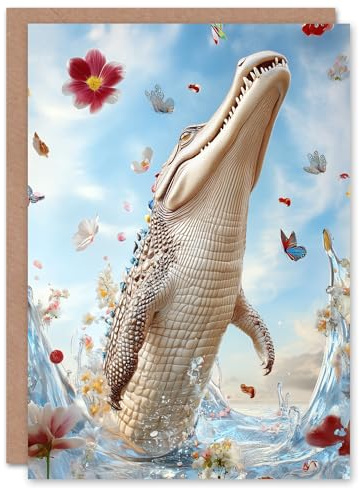 Artery8 Greeting Card Crocodile Flowers Butterflies Surreal Beauty Shot For Her Woman Birthday Card