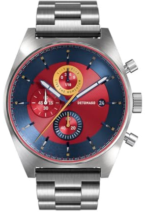 DeTomaso Herrenuhr D10 Chronograph in Blue Red - Armbanduhr an silbernem Edelstahl-Armband - aus 316L Chirurgenstahl mit einem Quarzuhrwerk & saphirgehärtetem Mineralglas – 43 mm
