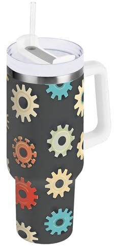 OWFKAY 40oz Isolierte Kaffee Tumbler mit Deckel Stroh Wasser Flasche Edelstahl Tumbler Männer Frauen Multicolor Zahnräder Muster