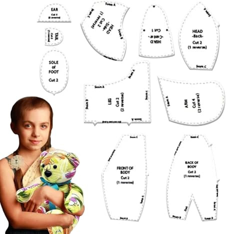 Memoryy Bear Nähschablone – Acrylmuster-Set, Stofftier-Bastelbedarf, wiederverwendbare Bären-Nähschablonen mit Anleitung (evtl. nicht in deutscher Sprache), präzise Schneidvorlagen für Quilten