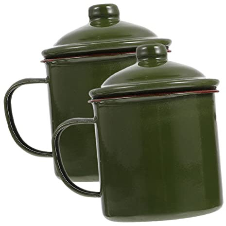 TOYANDONA 2 Stücke Emaille Mit Deckel - Retro Emaille Camping Kaffeebecher Für Outdoor - Hitzebeständig Zu Reinigen- Vintage Wasserbecher Verwendbar Für Küche und Heimgebrauch(Armeegrün)