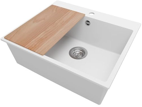 PRIMAGRAN Fregadero Cocina Blanco 58x50cm, Granito 1 Seno + Sifón + Tabla de cortar, Sobre encimera al mueble 60cm - Riga