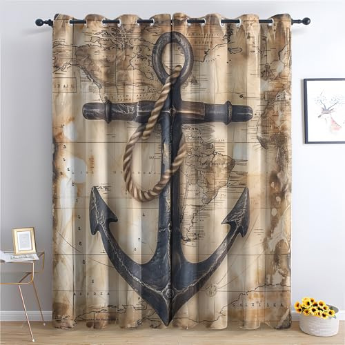 Venivici Anker Nautisch Vorhänge Wohnzimmer Schlafzimmer - Maritime Vintage Vorhang mit ösen, Gardinen Blickdicht, Verdunklungsvorhänge Kinderzimmer, Thermovorhang 2er Set, H 220 x B 140 cm