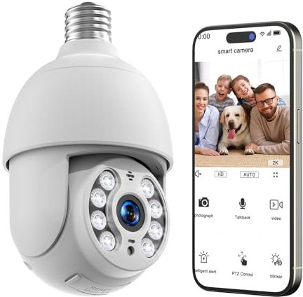 Camcamp 4MP Ampoule Camera Surveillance WiFi, caméra extérieure sans Fil, PTZ 360 degrés, Sirene Alarme, Espion, Vision Nocturne Couleur, 2K Sécurité Intelligente pour Maison Exterieur Interieur