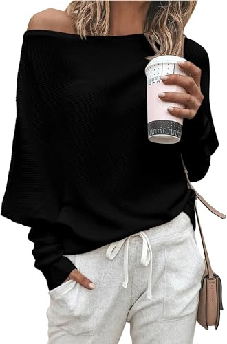 BUNSLOOM Damen Fledermausärmel Oberteil Schulterfrei Lose Pulli Tops Oversize Langarm Sweatshirt Lässig Elegante Oberteile Schwarz S