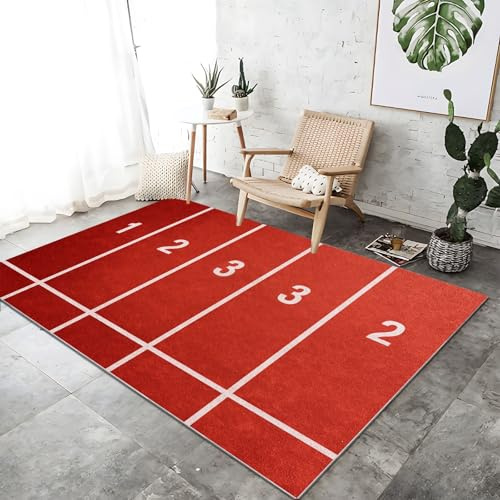Generisch Waschbarer Modern Stil Superweich Teppich 160 x 230 cm, Einfach Laufsteg Sport Leichtathletik rutschfest Bedruckter Kurzflor Teppich für Küche Wohnzimmer Schlafzimmer und Esszimmer Rot