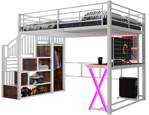 SOFTWEARY Hochbett mit Schreibtisch und LED-Beleuchtung, Treppe mit Regal und Kleiderschrank, Kinderbett mit Rausfallschutz, Metallbett (weiß, 140x200 cm)