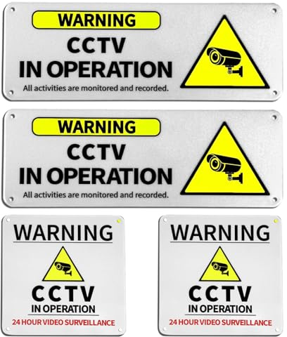 4-Pack CCTV In Operation Sign – Metal Security Camera Signs for Indoor & Outdoor, Self-Adhesive & Pre-Drilled Holes, Weatherproof Aluminum Surveillance Warning Plates