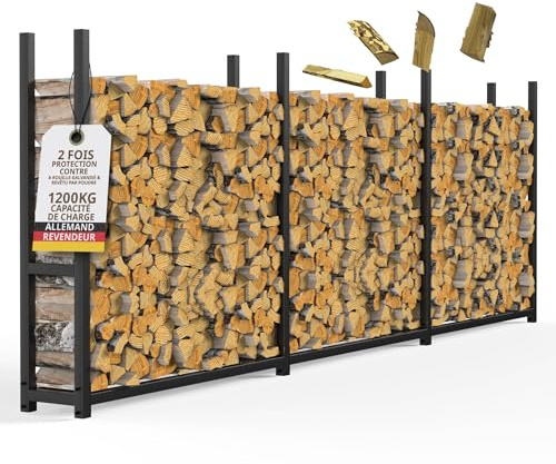 Kaminholzregal aussen Metall 335x25x115cm verzinkte Stapelhilfe schwarz | Brennholz 25 cm tief, schmal, lang, für 25cm und 33cm Feuerholz Garten XXL Holzstapelhilfe Holzregal Outdoor