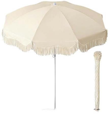 YAVYAV Ombrellone Da Spiaggia 150cm Boho Chic Con Frange, Parasole Vintage UPF 50+ Anti-UV E Calore, Portatile Per Mare, Giardino, Piscina E Camping, Impermeabile, Beige