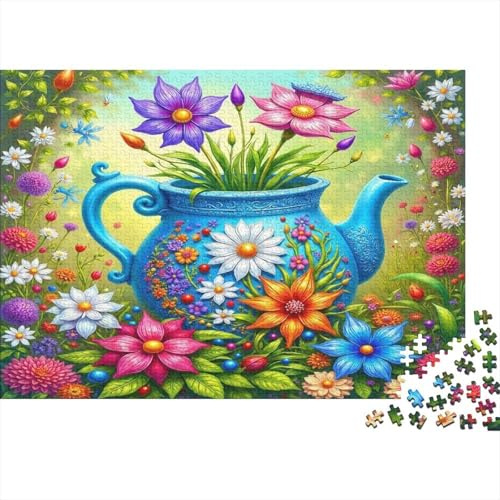Blauer Teekessel Bunte Blumen 1000 Teile Puzzle für Erwachsene Papier Puzzle Set Entspannung Familienspiel Deko Geschenk 38x26cm/1000pcs