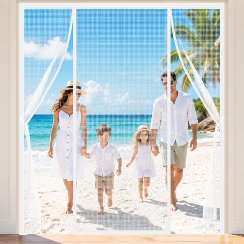 Zanzariera Porta Camper Doppia Bianco 120x195cm Rinforzata Tenda Antizanzare Magnetica Porta Doppia con Potenti Magneti e Blocchi di Peso per Balcone Soggiorno