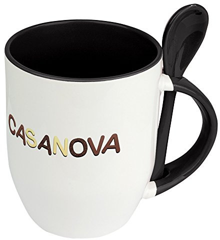 Löffeltasse mit Namen Casanova - Motiv Schokoladenbuchstaben - Namenstasse, Kaffeebecher, Mug, Becher, Kaffeetasse - Farbe Schwarz