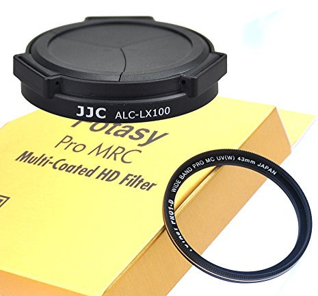 JJC Black LX100 Auto SELF-RETAINING Protective Lens Cap, Compatible with Panasonic Lumix LX100 LX100 II Leica D-LUX Typ 109 D-LUX 7, LX100II Mark II M2, D LUX 7 Lense Cap, 43mm MRC Nano MC UV Filter