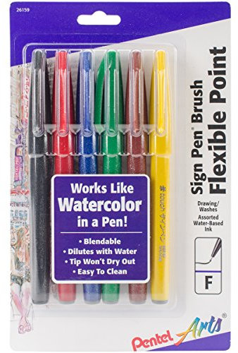 Pentel Arts Sign Pen Brush Tip Pen, Ocher Ink (SES15C-Y), Assorted, Pack of 6