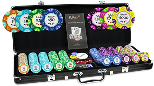 POKEO Koffer Poker 500 Chips Deluxe – Set mit 500 Poker-Chips 14 g + Koffer aus schwarzem Aluminium + 2 Kartenspiele aus 100 % Kunststoff + Dealerknopf