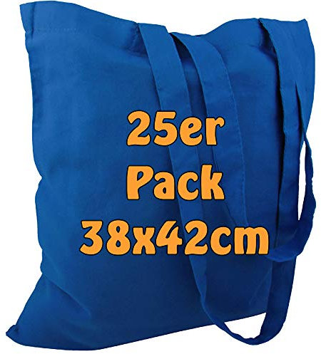 Cottonbagjoe 25 Baumwolltaschen Königsblau 38x42 cm mit langen Henkeln | Stoffbeutel unbedruckt | ideal zum Bedrucken, Bemalen oder Beplotten - OEKO-TEX® STANDARD 100 zertifiziert