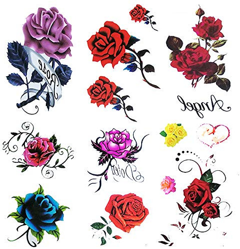 6 Blatt kleine gefälschte Rosen-Tattoos für Frauen, Kinder, Mädchen, temporäre Tattoos, blau-rote Blume, wasserdicht und langlebig, sexy Körper-Tattoos, Blumen, violett, rosa, gelbe Rosen.