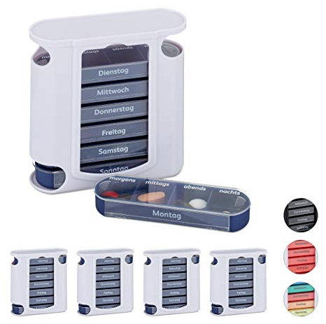 Relaxdays 5 x Pillendose 7 Tage, wöchentliche Tablettenbox, 4 Fächer, morgens, mittags, abends, nachts, Pillenbox, weiß/blau