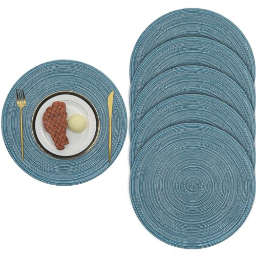 Pauwer Baumwolle 38cm/15inch Runde Platzsets Set von 6 Abwaschbar Hitzebeständig Gewebte Tischsets rutschfest Platzdeckchen für Küche Speisetisch,Blau