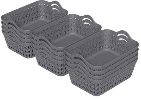 Lesbye Set of 12 Mini Plastic Storage Basket Tray, Small Desktop Baskets Tray, Grey