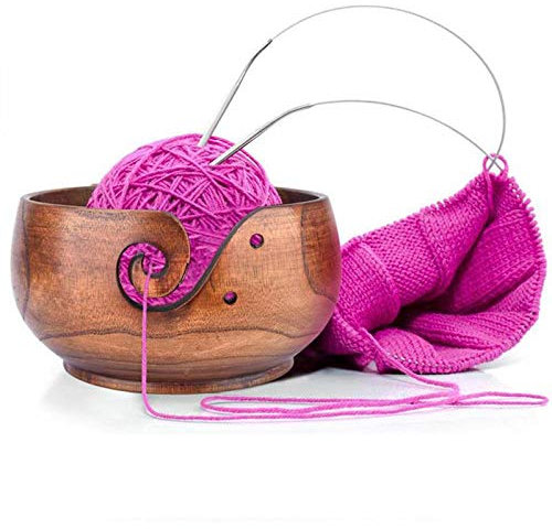 RoseFlower 7.9 Cuenco de Hilo de Madera para Tejer y Hacer Ganchillo - Echo a Mano Soporte de Lana Organizador de Cuenco de Almacenamiento de Lana con Agujeros tallados y taladros