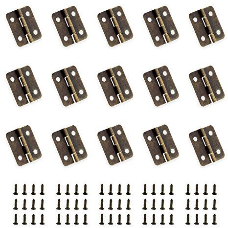 YUEQIN 50 Pcs Retro Türscharniere Mini Scharniere Retro Messingscharniere,Faltstoß Scharniere Anschlüsse Antike Bronze Schrank Schmuckschatulle Scharniere mit 200 Stück Schrauben,18mm*16mm