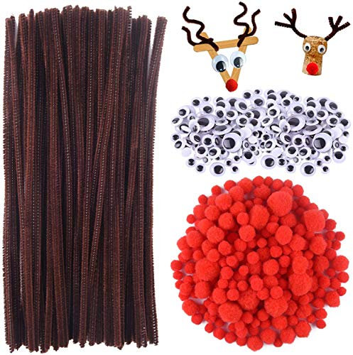 450 Stück Pfeifenputzer Set,150 Stück Pfeifenreiniger Braun,150 Stück Wackelaugen Selbstklebend,150 Stück Rote Pom Poms,Bastelzubehör Kinder,Chenille Draht,Weihnachten Rentier(B)