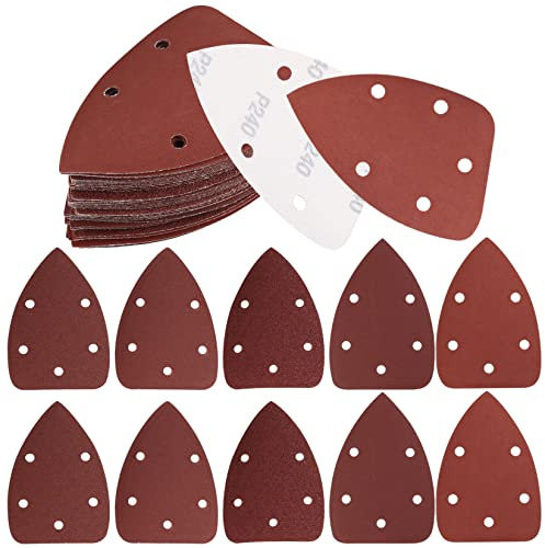 50 Pieces Sanding Discs Pads, 5 Holes Hook and Loop Sandpaper, Triangle Sanding Sheets, 40/80/120/180/240 Grits Assorted Sandpaper Pads for Sanding, Polishing, Random Orbital Sander