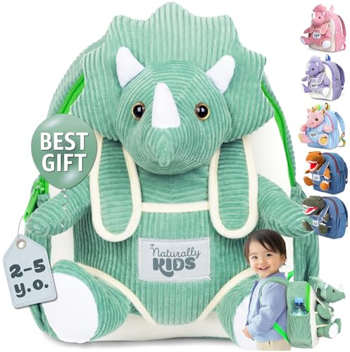 Naturally KIDS Toddler Backpack w. Plush Green Triceratops Toy, Kids Gift