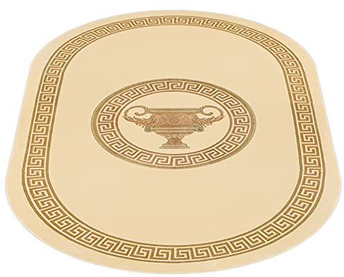 Teppich Oval Wohnzimmer in beige gold Mäander Amphore Griechisch Muster Schlafzimmer Esszimmer Flur mit Fransen - elegant weich Seidenoptik rutschfest öko tex - creme beige gold, 152x230 cm, Oval