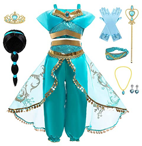 AISHANGYIDE Fille Deguisement Princesse Jasmine, Robe de Aladdin Princesse avec Perruque Bandeau Accessoires, Enfants Anniversaire Fête Noël Halloween Carnaval Cosplay Costume, 130