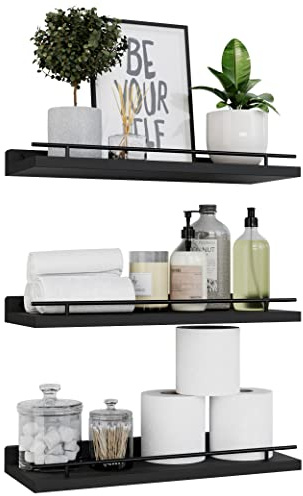 WOPITUES Schweberegale für Wanddekoration 3er Set, schwarz | Wandregale mit schwarzem Metall-Leitplanke für Badezimmer, Schlafzimmer, Küche, Wohnzimmer, Pflanzen, Bilderrahmen, Kunst