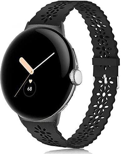 Blueshaweu Bracelet Compatible avec Google Pixel Watch/Pixel Watch 2 pour Femmes Filles, Silicone Sport Bracelet Souple Mince Dentelle Respirant Braceletpour (Noir)