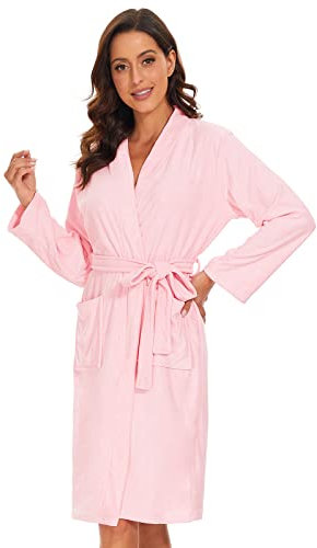 vislivin Leichter Bademantel Damen Frottee Bademantel Sauna Morgenmantel Knielanger Saunamantel Bathrobe Damen Rosa S