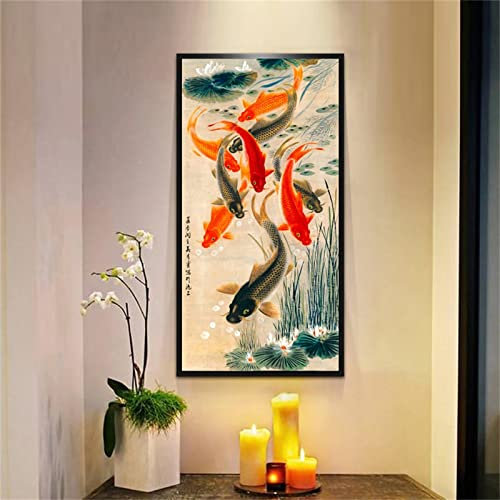 Diamond Painting set Full Drill, 5D DIY Teich Koi Fische Groß Diamant Painting Bilder Square Kristallstrass Stickerei Art Kits, für Erwachsene/Kinder/Zuhause Dekor/Weihnachten Gifts 80x160cm V-2482