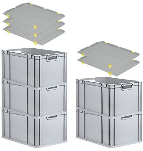 PROREGAL SparSet 5x Eurobox NextGen Grip mit Auflagedeckel & 4 gelben Schiebeschnappverschlüssen, HxBxT 32x40x60cm, 65 L, Grau, Griffe offen, Eurobehälter, Transportbox