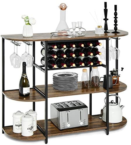 COSTWAY Tavolino da vino, Mobile Bar da 120 cm con Portabottiglie e Porta Bicchieri, per Cucina, Sala da Pranzo, Soggiorno, 120 x 40 x 91 cm (marrone)